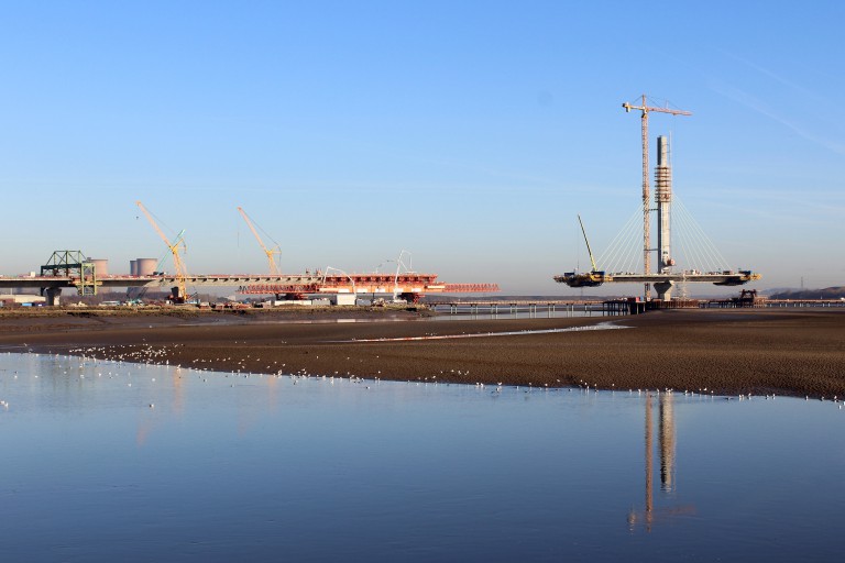 MSS Trinity in its final casting position and the Mersey Gateway north pylon