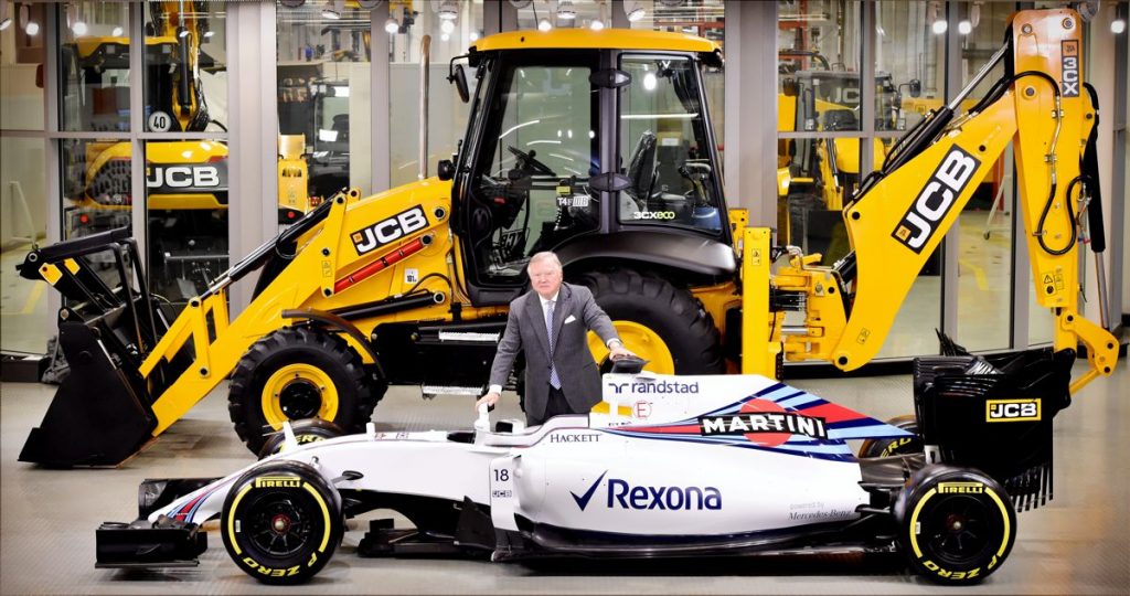 JCB Chairman Lord Bamford pictured at the announcement of the new partnership agreement between JCB and Williams Martini Racing.