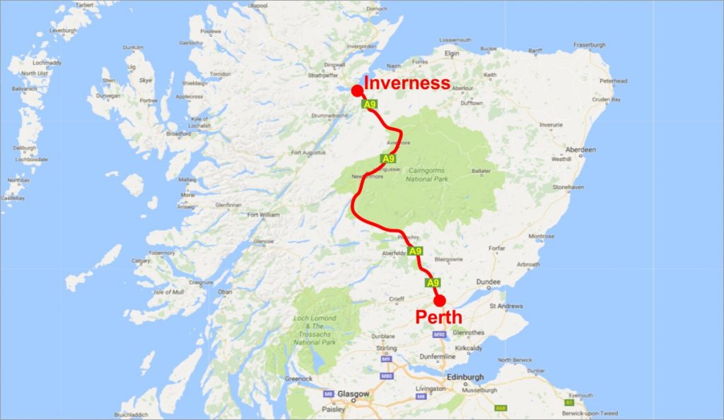 A9 Scotland. Map by Google
