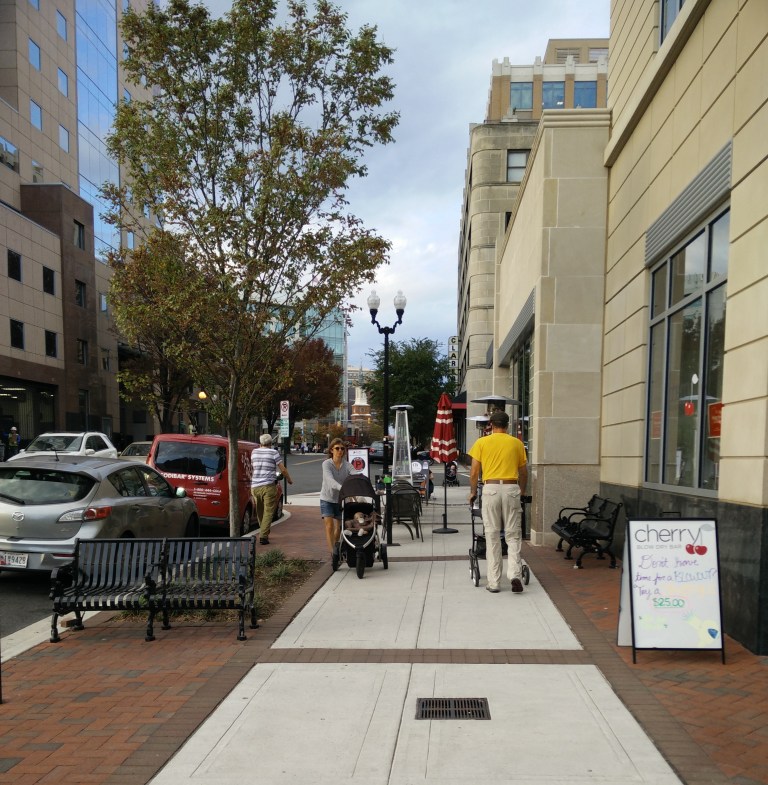 One block from the Clarendon Metro station in Arlington County, VA., pedestrians must navigate increasingly crowded sidewalks.