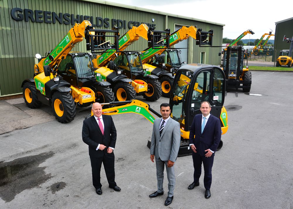 A-Plant has ordered more than £55 million worth of eqipment from JCB. Pictured left to right are JCB Chief Operating Officer Mark Turner, A-Plant Marketing Director Asif Latief and Tom Greenshields, National Accounts Director for dealer Greenshields JCB.