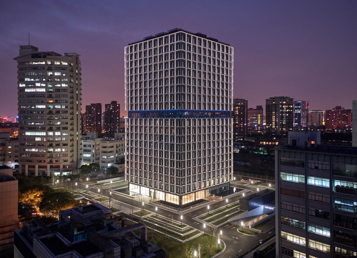Architectural lighting turns the OnCube office complex in Shanghai into a landmark