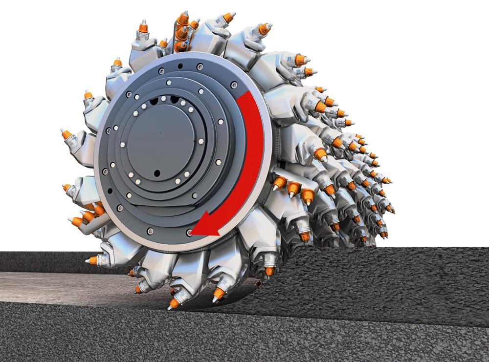 WIRTGEN down-cut process: The milling and mixing rotor rotates in the direction of travel. This prevents large chunks of pavement from breaking off.