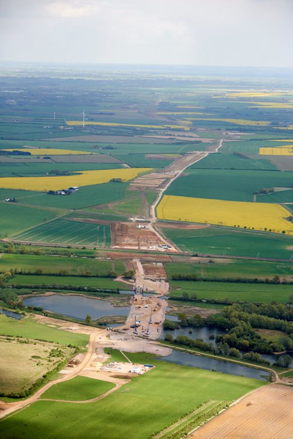 Aerial view of the outline for the Huntingdon bypass looking east from Brampton