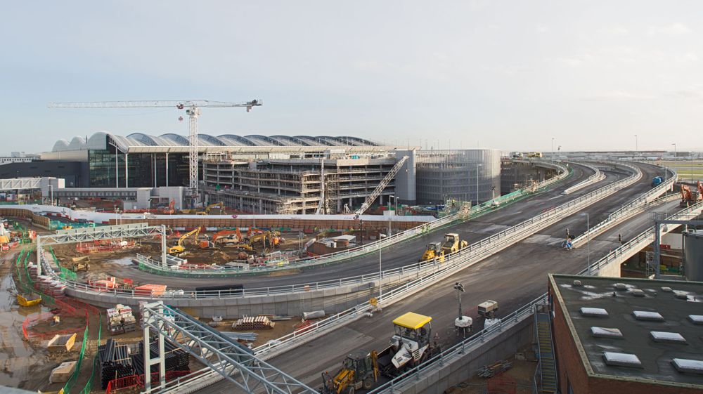 Heathrow, T2 development nearing completion, view of T2A, MSCP (muliti-story car park) and road ramp, 20 December 2013.