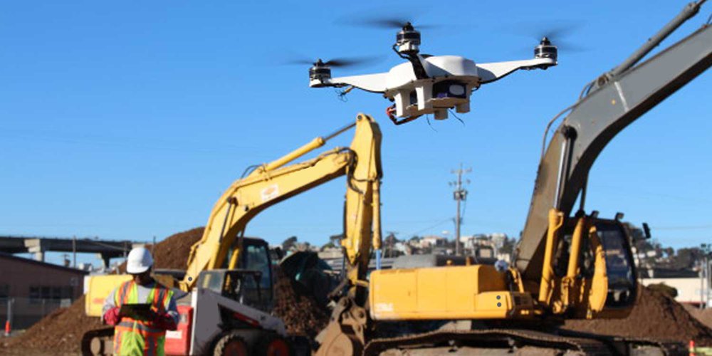 A drone scans a job site. 