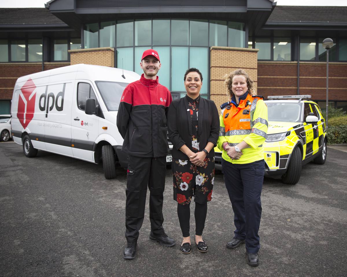 Finn Owens from DPD with Highways England customer service director Melanie Clarke and Highways England traffic officer Vicki Lawton who will be working on Christmas Day to keep traffic moving on the Midlands motorway network.