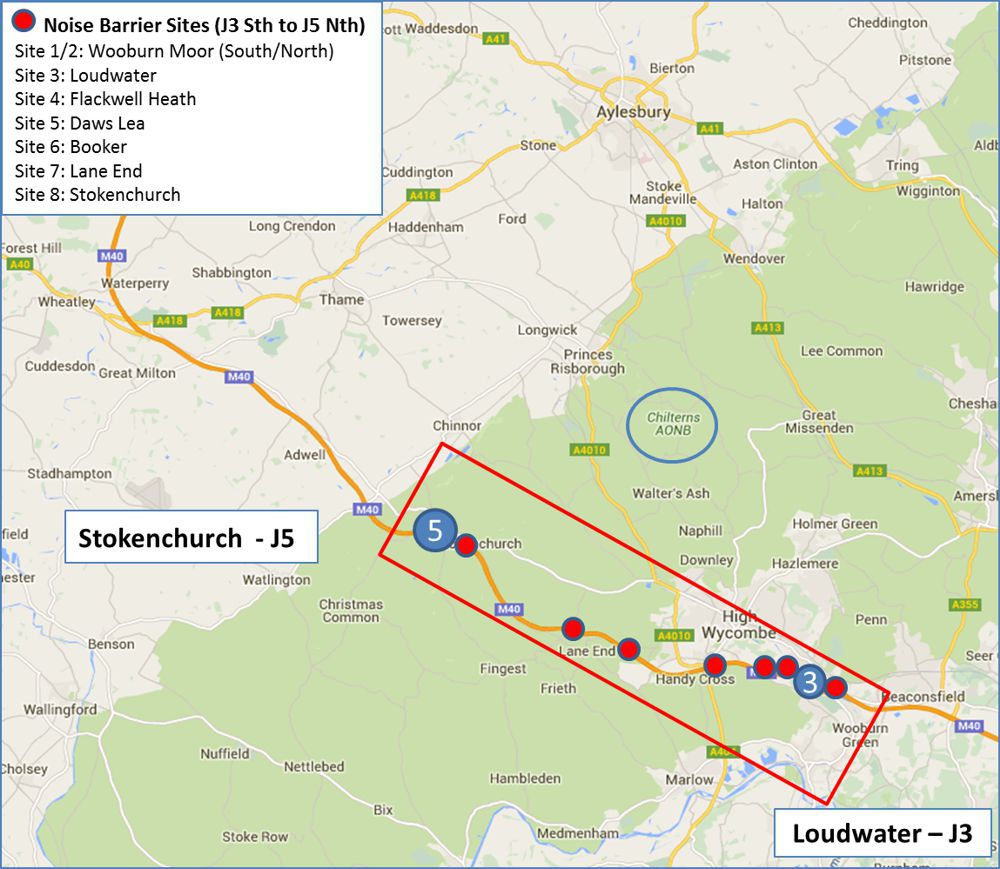 map of the locations where the new noise reduction barriers will be installed along the M40