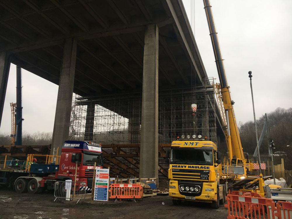 South East: M2 Stockbury Viaduct – a welcome talk and video and the opportunity to climb up scaffolding (using stair cases not ladders) to see where the bridge is being lifted.
