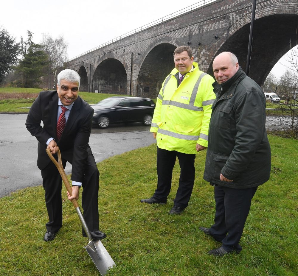 Pictured at the turf cutting ceremony are, from left: Zamurad Hussain (Coventry and Warwickshire Local Enterprise Partnership), Stephen Tomkins (Galliford Try) and Cllr Jeff Clarke (Warwickshire County Council).