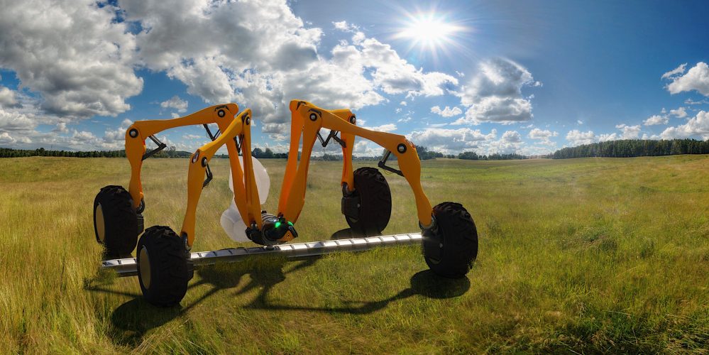 Yellow arachnid robot in the field. The Harry digital planting robot recently won a prestigious Horizontal Innovation™ Award from the Institution of Engineering and Technology (IET) and the High Value Manufacturing Catapult (HVMC) to develop the prototype technology. Harry will accurately place seed individually in the ground at a uniform depth to within 2cm accuracy, creating a plant level map showing the location of each seed. By punch-planting rather than ploughing, Harry will also radically reduce soil run off and associated water pollution. With a three metre boom, Harry has an 'arachnid' design, enabling it to fold up compactly for transport by transit van.