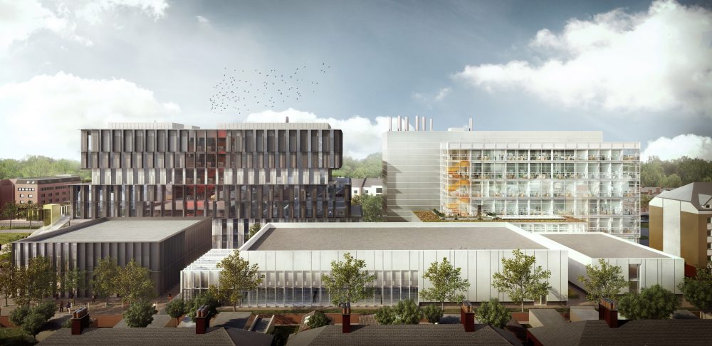 the six-story Innovation Central building, as seen from Maindy Road, will be home to Spark – the world’s first social science research park – and the Innovation Centre, a creative space for new ventures equipped with shared spaces, labs and serviced offices.