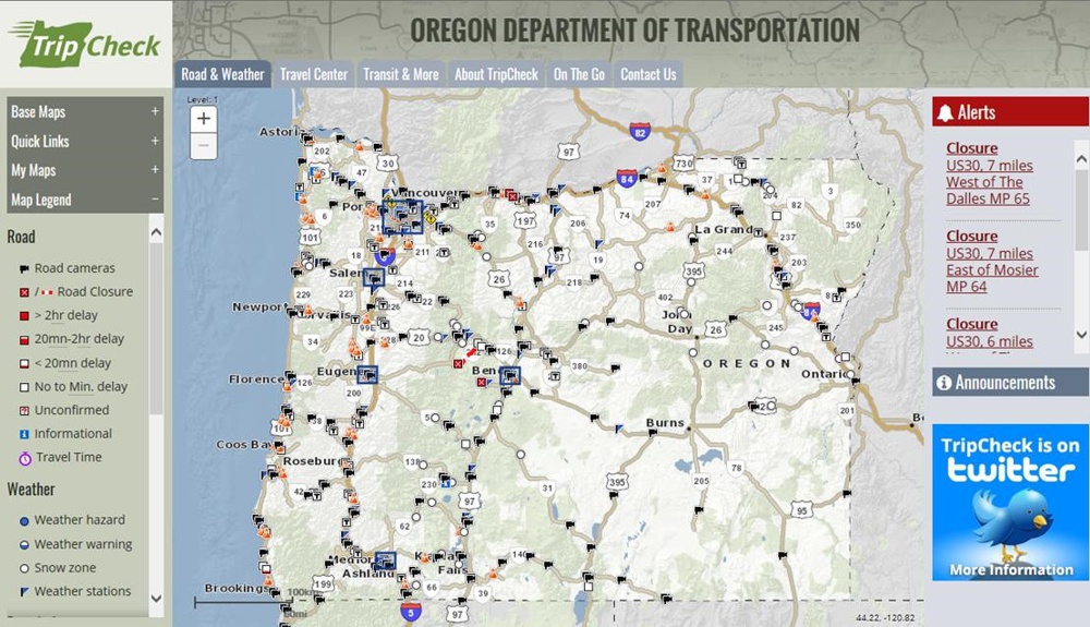 The map-based reports and extracts created for TransInfo are also used for the TripCheck website, which informs Oregon residents about road closures and traffic incidents.