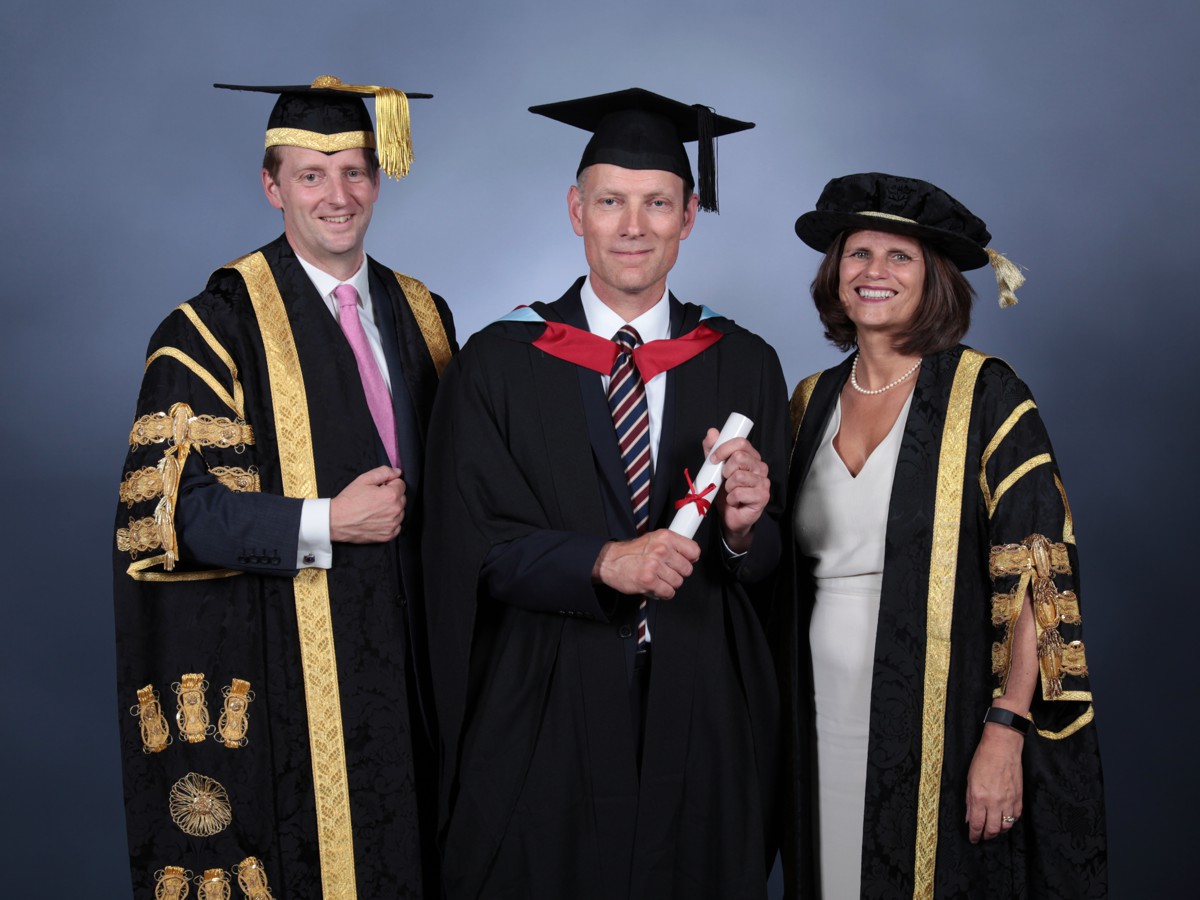 L-R Chancellor William Cavendish, Earl of Burlington; Robin Gillespie, Area Operations Manager North West, Hanson UK; Vice-Chancellor and Chief Executive, Professor Kathryn Mitchell.