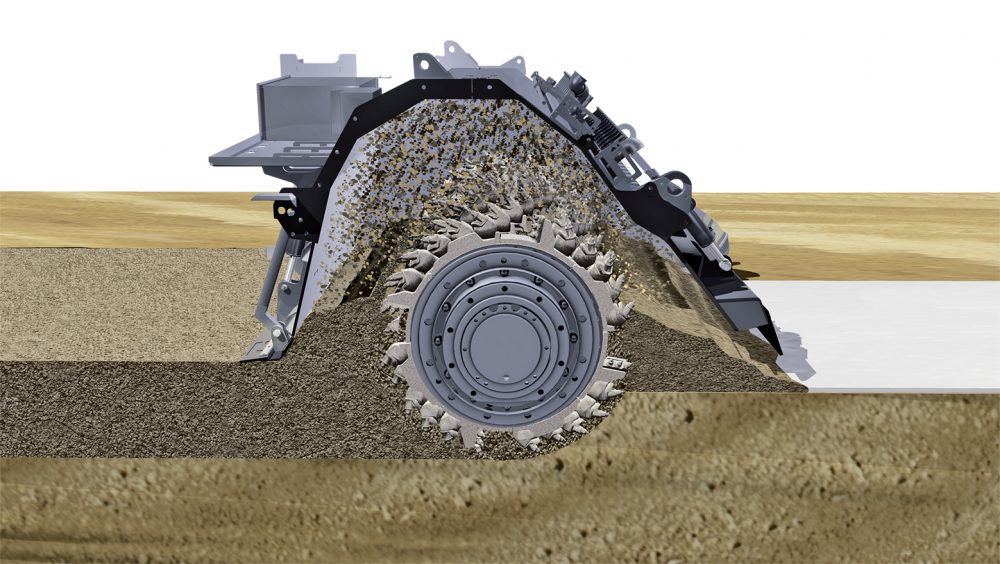 Perfect stabilization: the powerful milling and mixing rotor of the WR 250 blends the pre-spread into a homogenous soil and stabilizing agent mix.