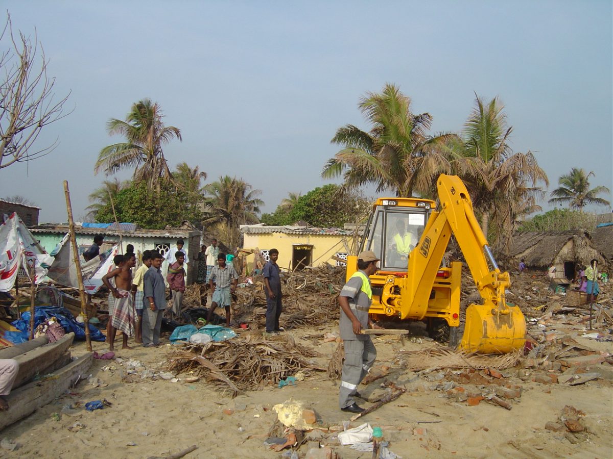 JCB has a long history of donating machines to disaster areas. Here a JCB backhoe is pictured at work in Tamil Nadu after the Tsunami of 2004