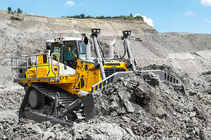 The Liebherr PR 776 crawler tractor is designed for tough mining and quarry operations. It features an infinitely variable hydrostatic travel drive, which is unique in the 70 tonnes category.