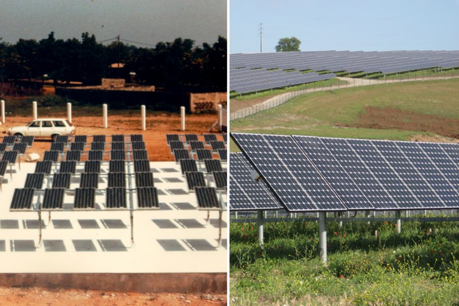 Photos show a solar installation from 1988 (left) and a present-day version. Though the basic underlying technology is the same, a variety of factors have contributed to a hundredfold decline in costs. Now, researchers have identified the relative importance of these different factors.