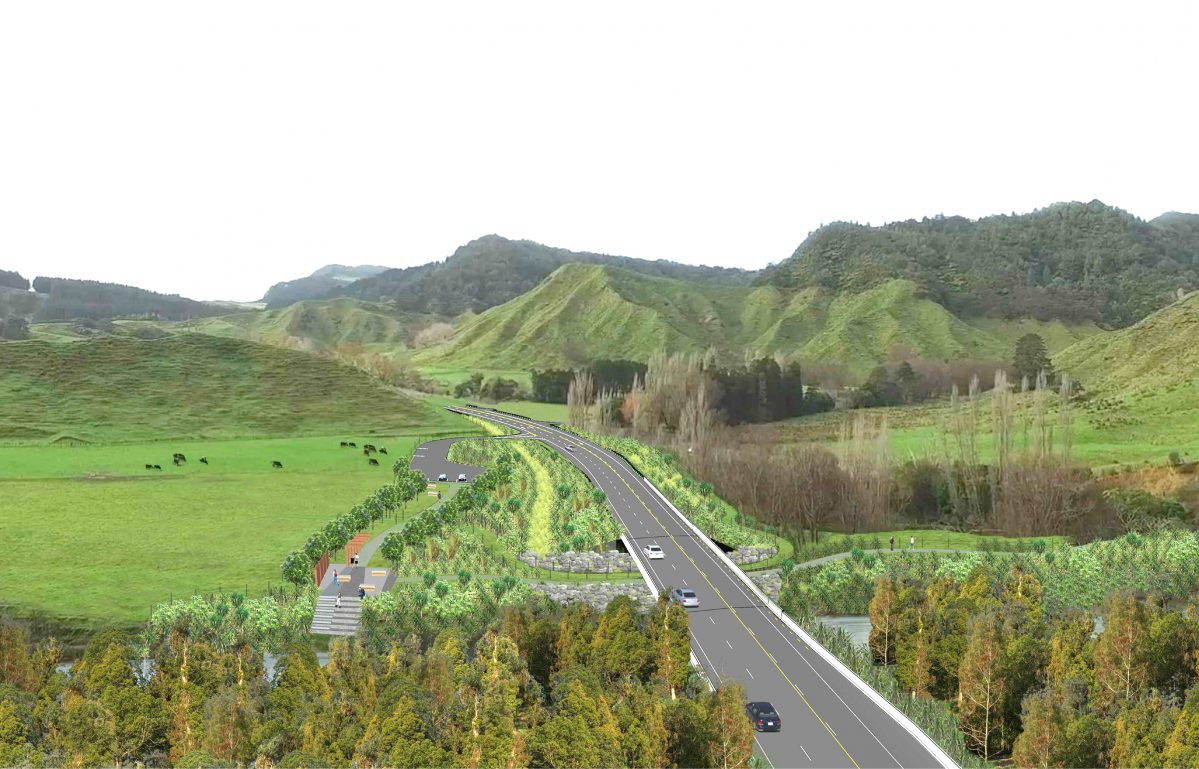 An artist’s impression of the bypass, looking north, showing a walking track going under the bridge leading up to the old tunnel.