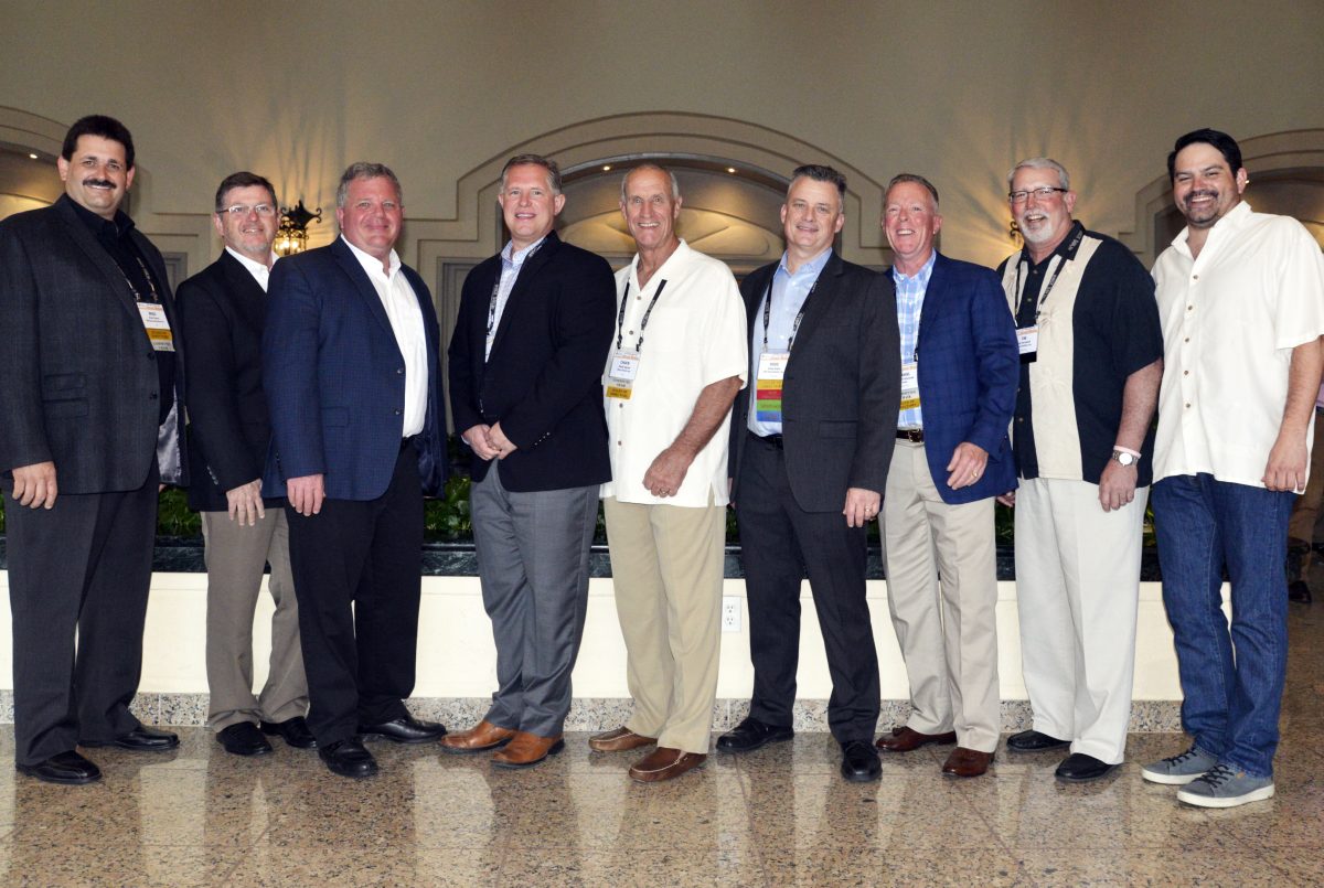 The 2019-2012 ISSA Board of Directors, pictured from left: Brad Pearce, Dave Welborn, Rex Eberly, Larry Tomkins, Chuck Ingram, Doug Hogue, Dan Patenaude, Tim Harrawood, and Jason Lampley. Not pictured: Eric Reimschiissel, Fabio Mendez, Howie Snyder, Bob Jerman. Photo by Tom Kuennen, courtest of FP2.