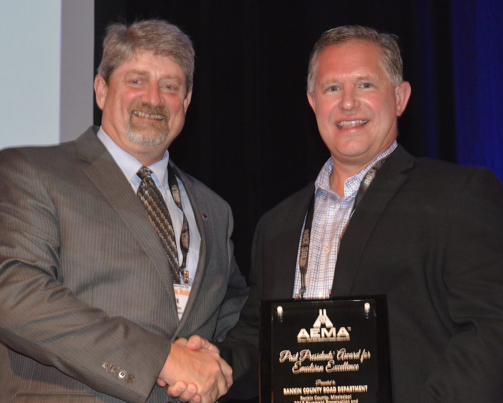 The Rankin County, MS, Road Department; TL Wallace Construction; and Ergon Asphalt & Emulsions, Inc. were awarded the 2019 AEMA Past President’s Award for Emulsion Excellence